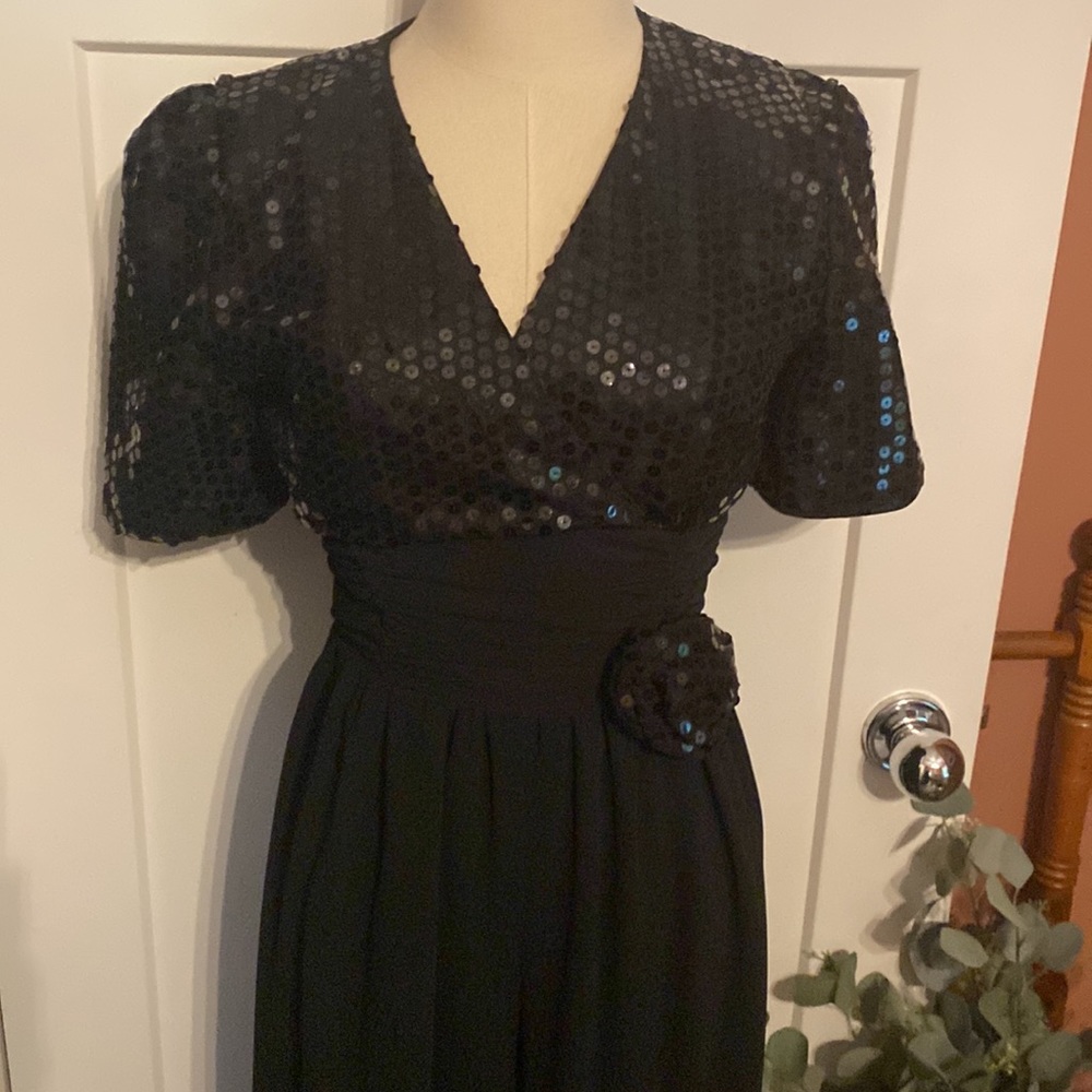 Vintage Opening Night! black vneck sequins cummerbund waist polyester jumpsuit